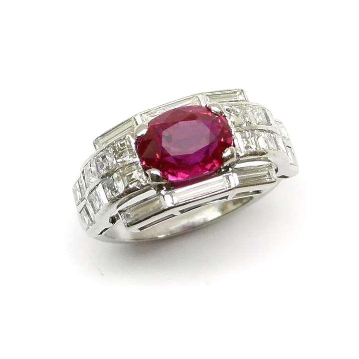Art Deco ruby and diamond cluster ring, the cushion cut Burma ruby 2.12ct